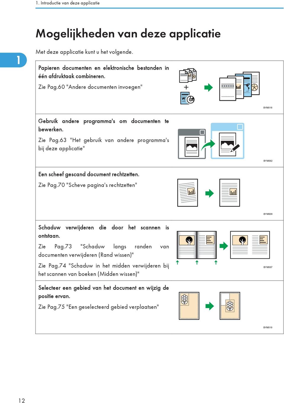 63 "Het gebruik van andere programma's bij deze applicatie" BYM092 Een scheef gescand document rechtzetten. Zie Pag.