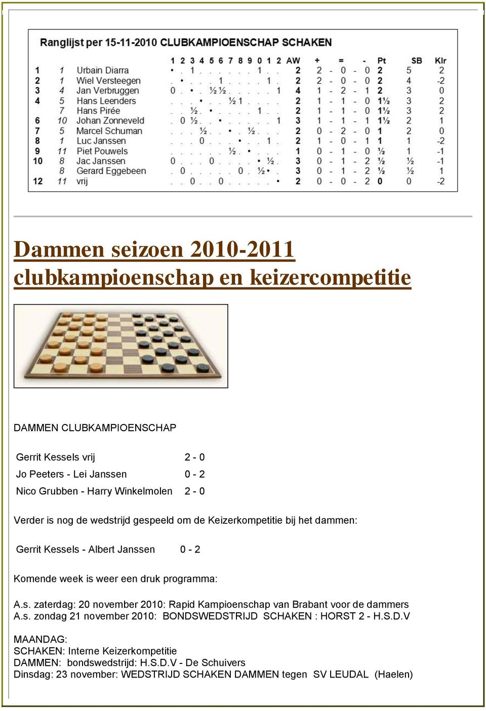 programma: A.s. zaterdag: 20 november 2010: Rapid Kampioenschap van Brabant voor de dammers A.s. zondag 21 november 2010: BONDS