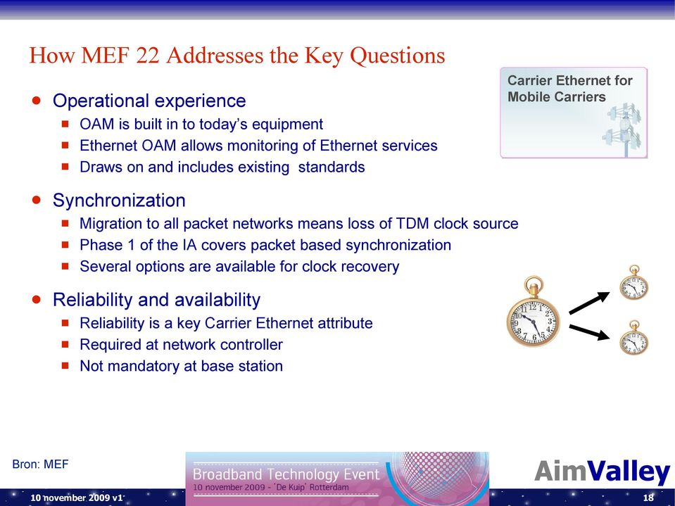 loss of TDM clock source Phase 1 of the IA covers packet based synchronization Several options are available for clock recovery Reliability and