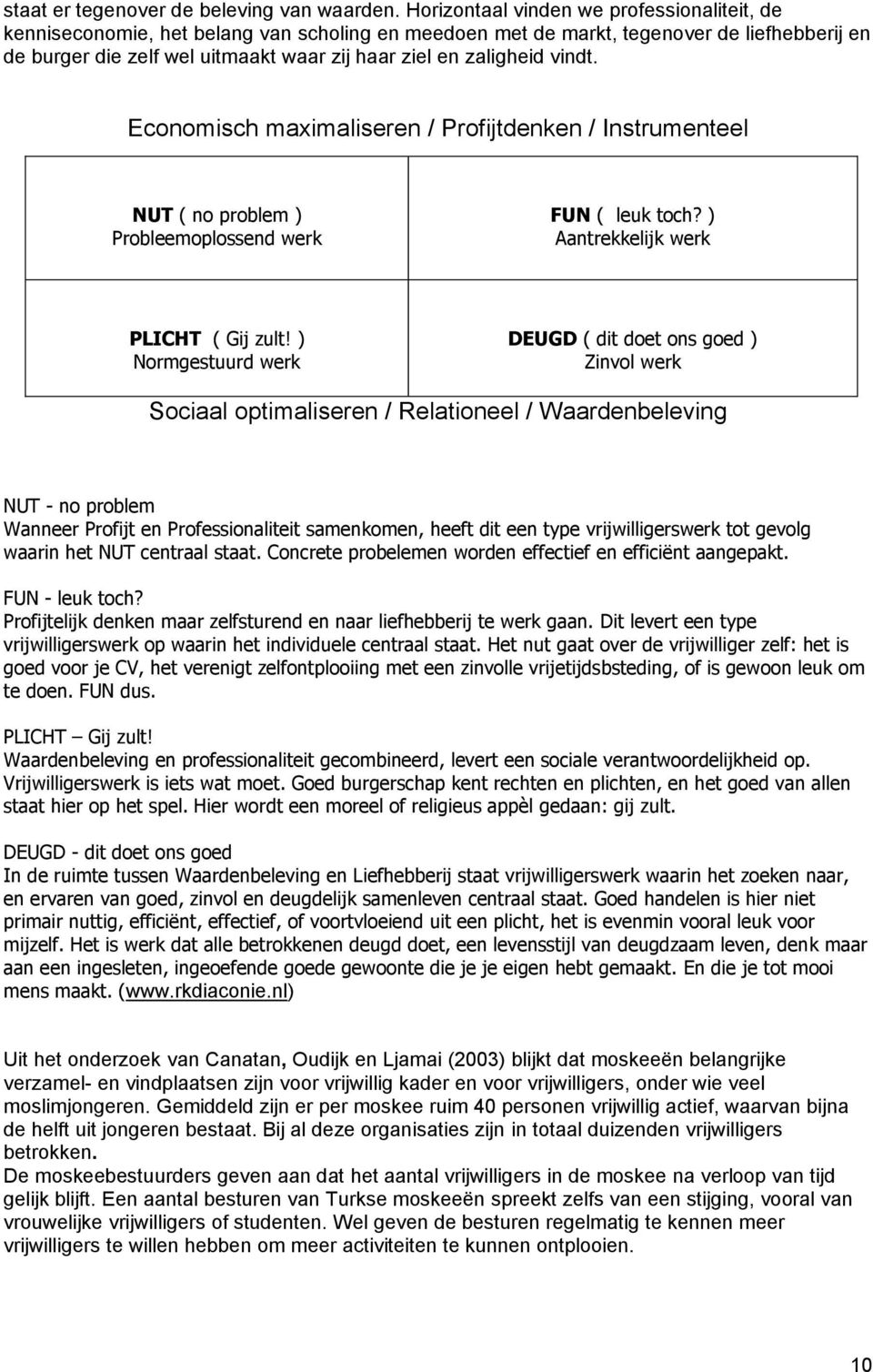 zaligheid vindt. Economisch maximaliseren / Profijtdenken / Instrumenteel NUT ( no problem ) Probleemoplossend werk FUN ( leuk toch? ) Aantrekkelijk werk PLICHT ( Gij zult!