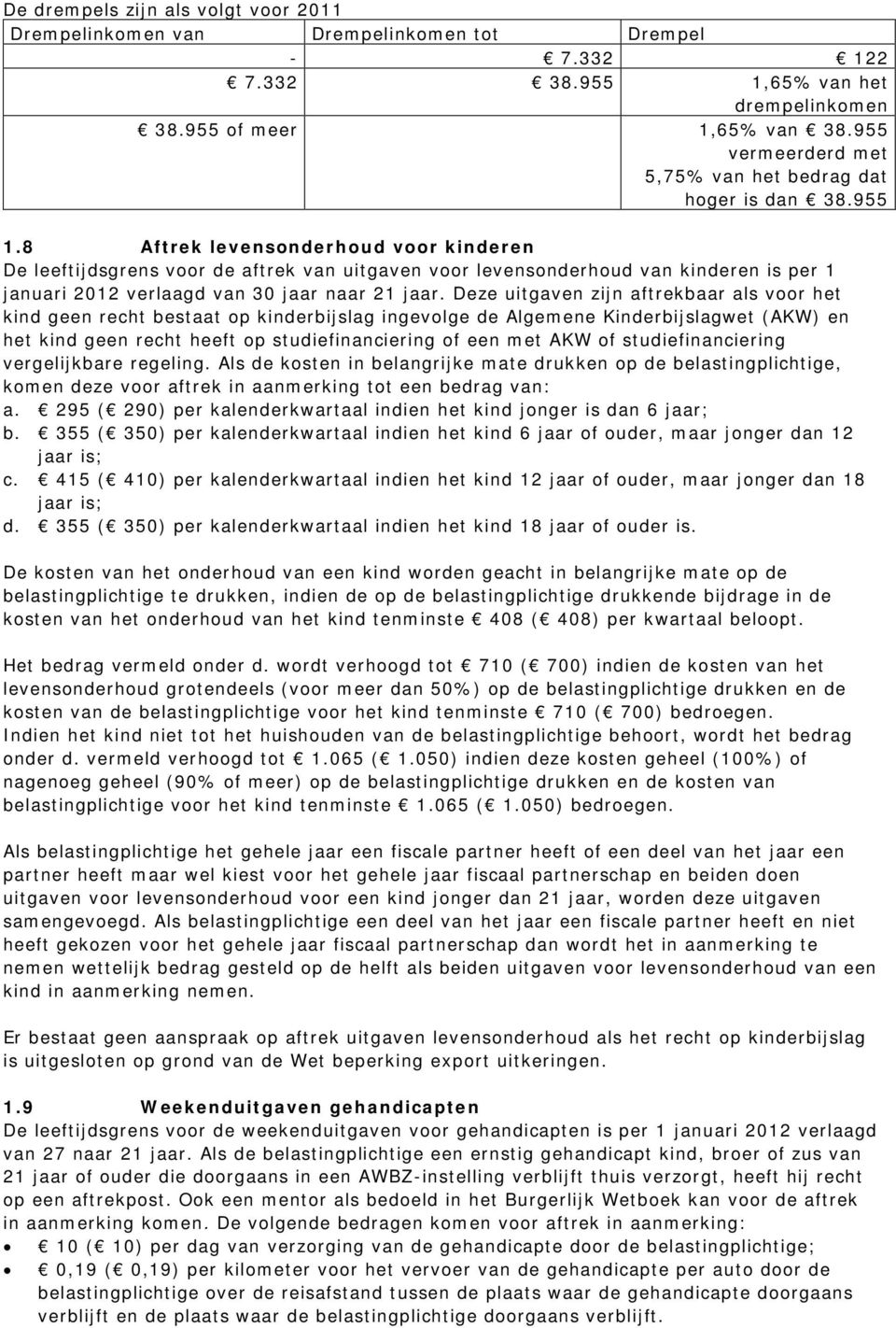 8 Aftrek levensonderhoud voor kinderen De leeftijdsgrens voor de aftrek van uitgaven voor levensonderhoud van kinderen is per 1 januari 2012 verlaagd van 30 jaar naar 21 jaar.