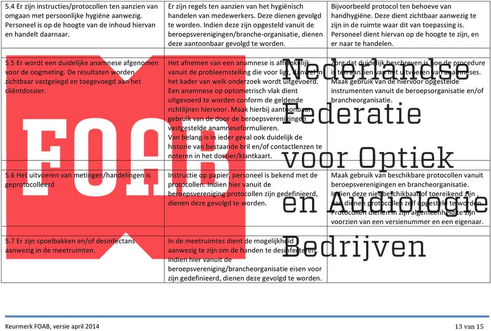 6 Het uitvoeren van metingen/handelingen is geprotocolleerd 5.7 Er zijn spoelbakken en/of desinfectans aanwezig in de meetruimten.