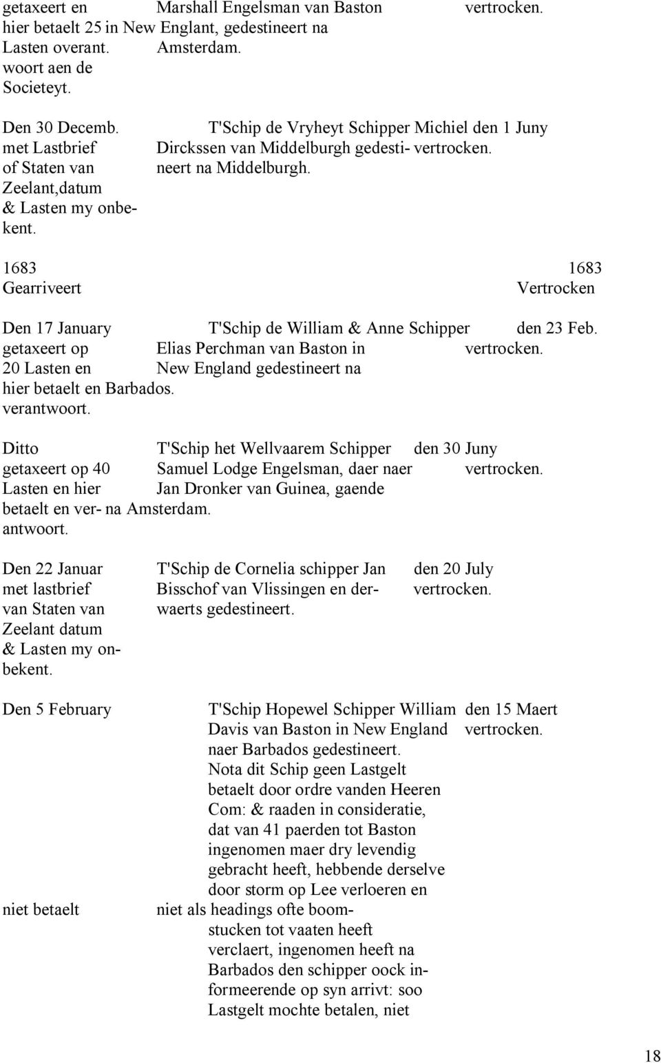 1683 1683 Gearriveert Vertrocken Den 17 January T'Schip de William & Anne Schipper den 23 Feb. getaxeert op Elias Perchman van Baston in vertrocken.