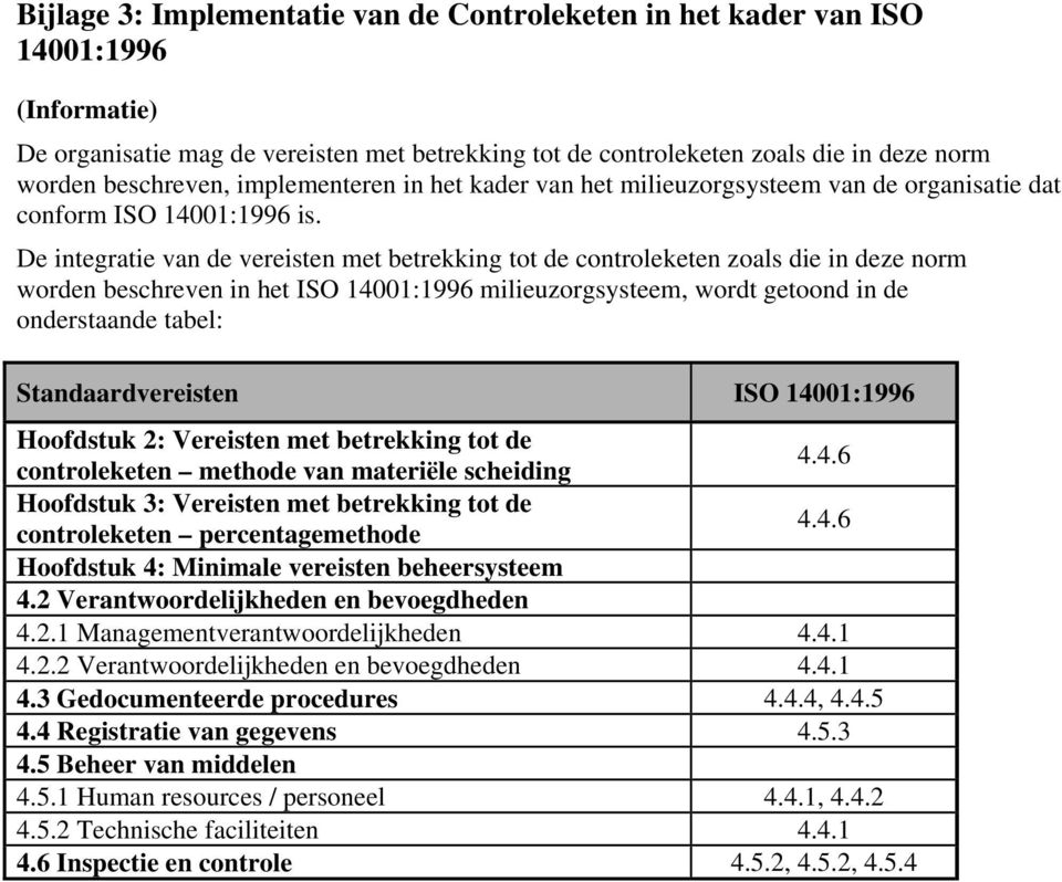 De integratie van de vereisten met betrekking tot de controleketen zoals die in deze norm worden beschreven in het ISO 14001:1996 milieuzorgsysteem, wordt getoond in de onderstaande tabel:
