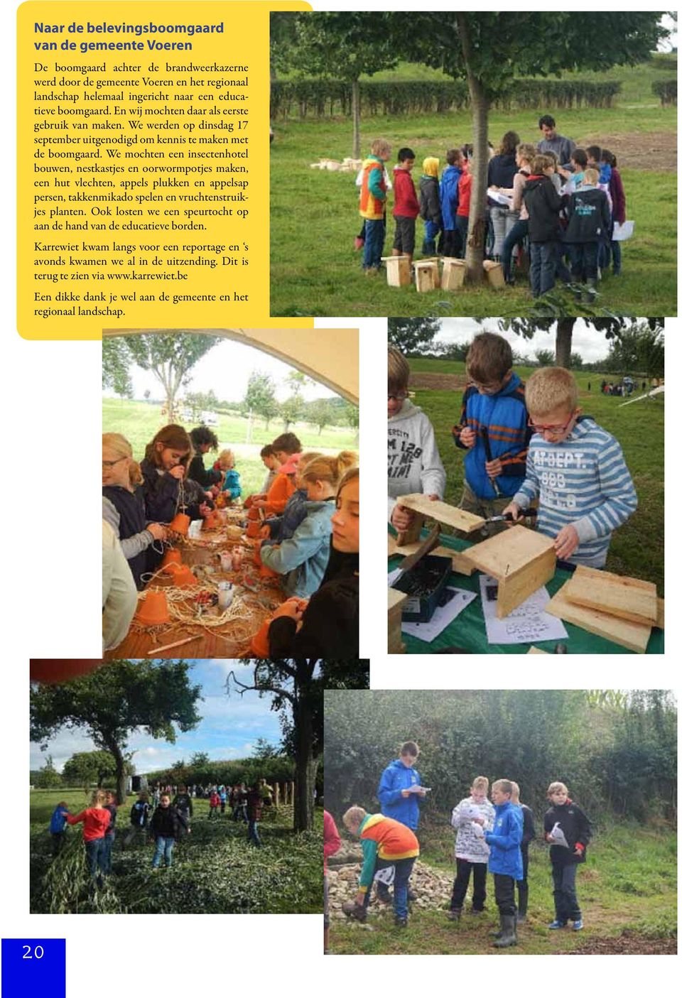 We mochten een insectenhotel bouwen, nestkastjes en oorwormpotjes maken, een hut vlechten, appels plukken en appelsap persen, takkenmikado spelen en vruchtenstruikjes planten.