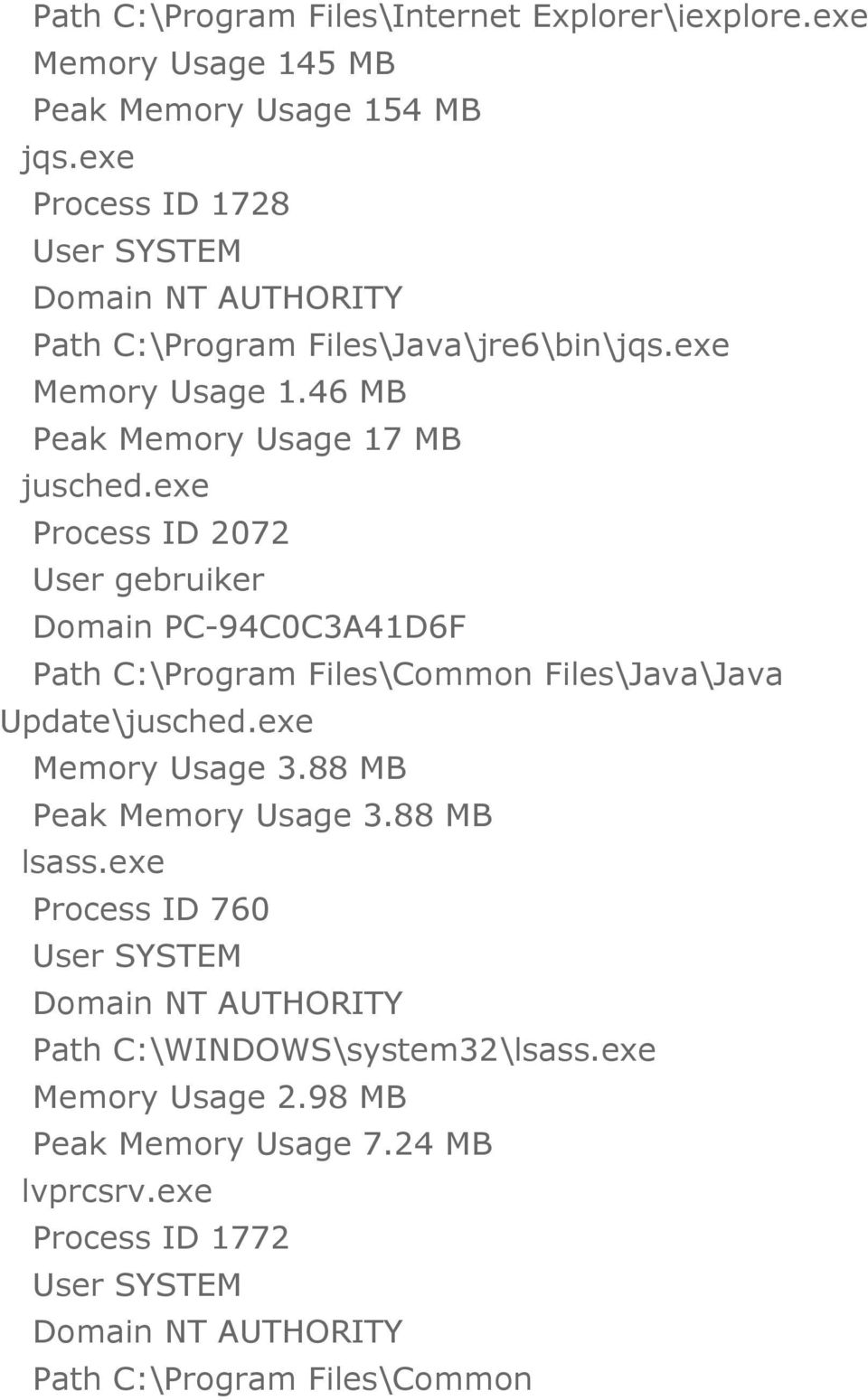 exe Process ID 2072 Path C:\Program Files\Common Files\Java\Java Update\jusched.exe Memory Usage 3.88 MB Peak Memory Usage 3.