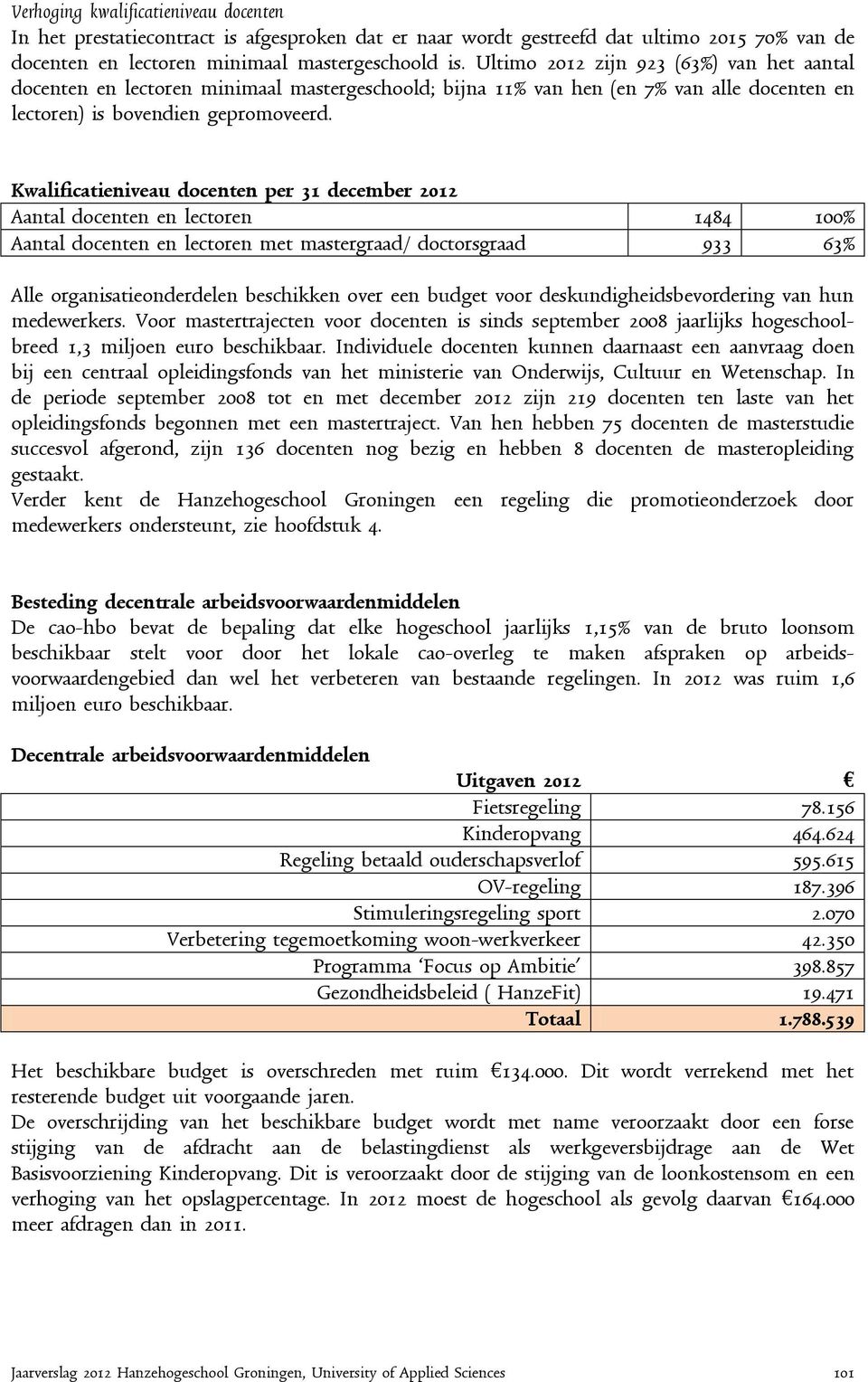 Kwalificatieniveau docenten per 31 december 2012 Aantal docenten en lectoren 1484 100% Aantal docenten en lectoren met mastergraad/ doctorsgraad 933 63% Alle organisatieonderdelen beschikken over een