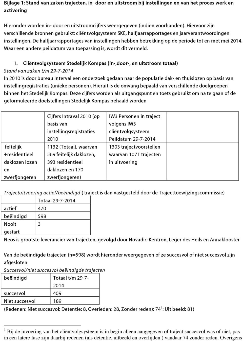 De halfjaarrapportages van instellingen hebben betrekking op de periode tot en met mei 2014. Waar een andere peildatum van toepassing is, wordt dit vermeld. 1.