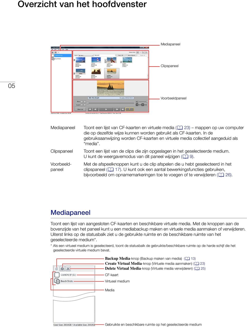 Toont een lijst van de clips die zijn opgeslagen in het geselecteerde medium. U kunt de weergavemodus van dit paneel wijzigen (0 9).