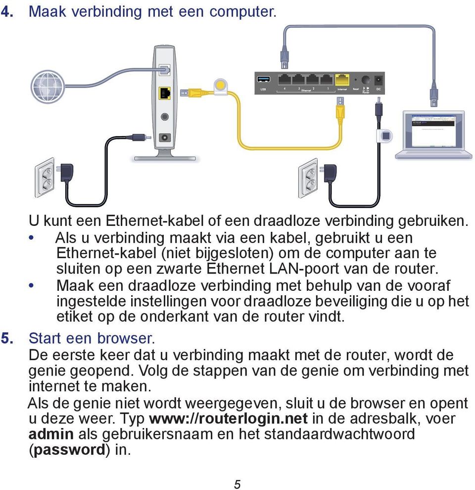 Maak een draadloze verbinding met behulp van de vooraf ingestelde instellingen voor draadloze beveiliging die u op het etiket op de onderkant van de router vindt. 5. Start een browser.