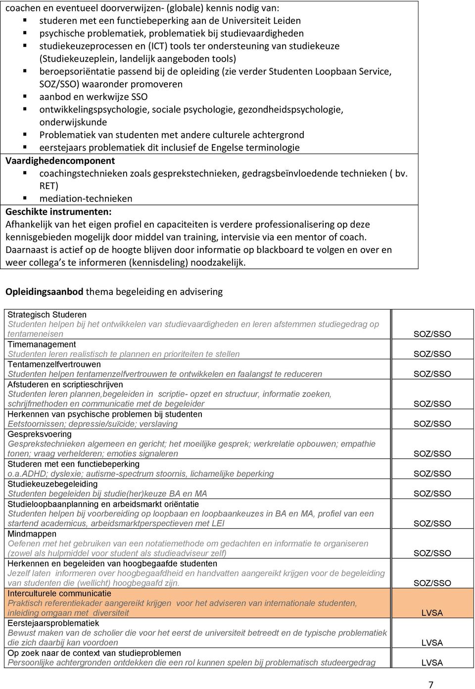 ) waaronder promoveren aanbod en werkwijze SSO ontwikkelingspsychologie, sociale psychologie, gezondheidspsychologie, onderwijskunde Problematiek van studenten met andere culturele achtergrond