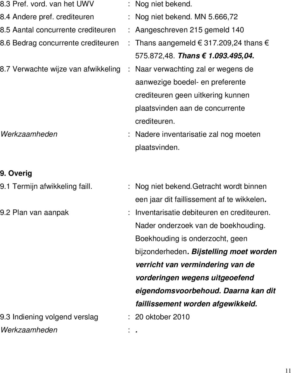 7 Verwachte wijze van afwikkeling : Naar verwachting zal er wegens de aanwezige boedel- en preferente crediteuren geen uitkering kunnen plaatsvinden aan de concurrente crediteuren.