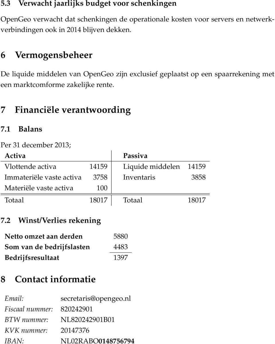 1 Balans Per 31 december 2013; Activa Passiva Vlottende activa 14159 Liquide middelen 14159 Immateriële vaste activa 3758 Inventaris 3858 Materiële vaste activa 100 Totaal 18017 Totaal 18017 7.