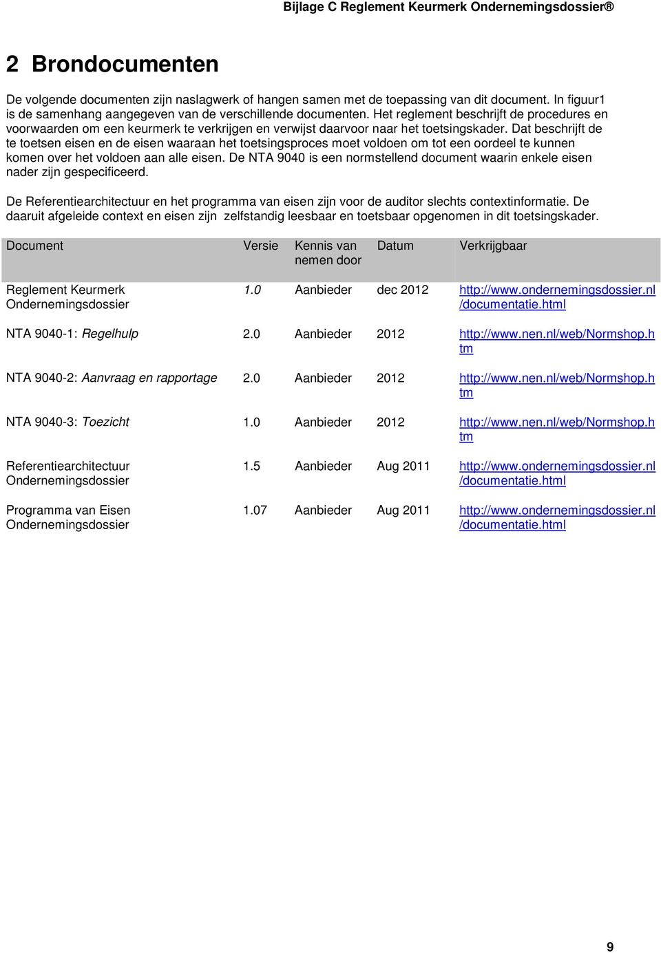 Dat beschrijft de te toetsen eisen en de eisen waaraan het toetsingsproces moet voldoen om tot een oordeel te kunnen komen over het voldoen aan alle eisen.