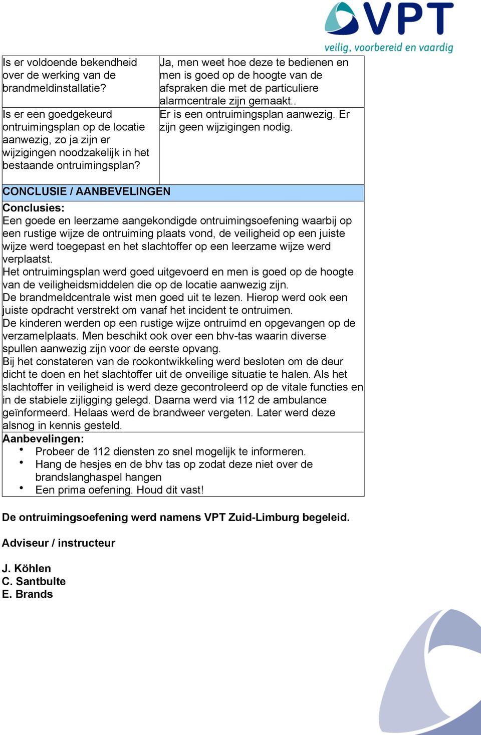 Ja, men weet hoe deze te bedienen en men is goed op de hoogte van de afspraken die met de particuliere alarmcentrale zijn gemaakt.. Er is een ontruimingsplan aanwezig. Er zijn geen wijzigingen nodig.