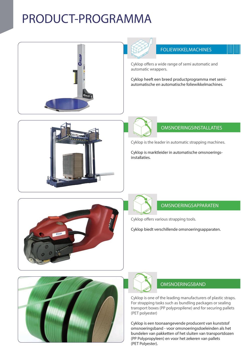 Cyklop is marktleider in automatische omsnoeringsinstallaties. OMSNOERINGSAPPARATEN Cyklop offers various strapping tools. Cyklop biedt verschillende omsnoeringsapparaten.