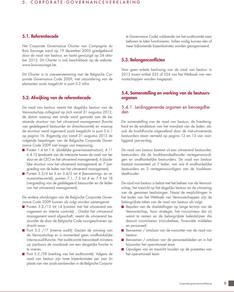 Dit Charter is ook beschikbaar op de website: www.bois-sauvage.be. Dit Charter is in overeenstemming met de Belgische Corporate Governance Code 2009, met uitzondering van de elementen zoals toegelicht in punt 5.