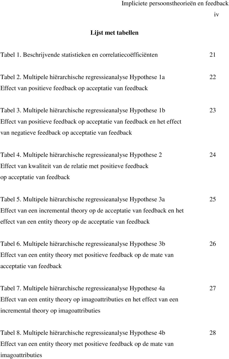 Multipele hiërarchische regressieanalyse Hypothese 1b 23 Effect van positieve feedback op acceptatie van feedback en het effect van negatieve feedback op acceptatie van feedback Tabel 4.