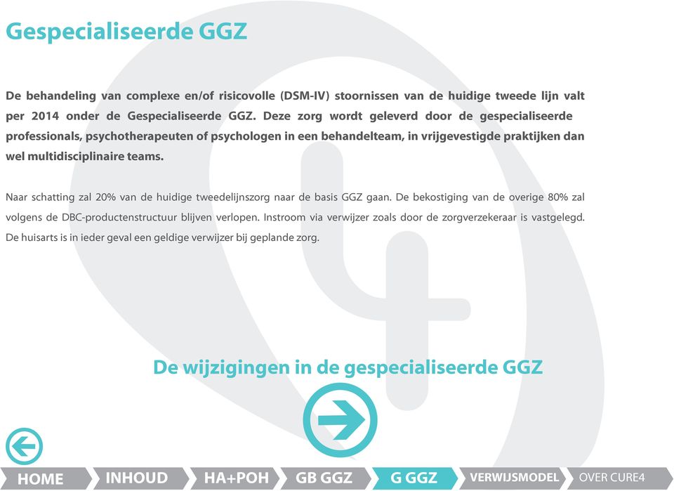 multidisciplinaire teams. Naar schatting zal 20% van de huidige tweedelijnszorg naar de basis GGZ gaan.