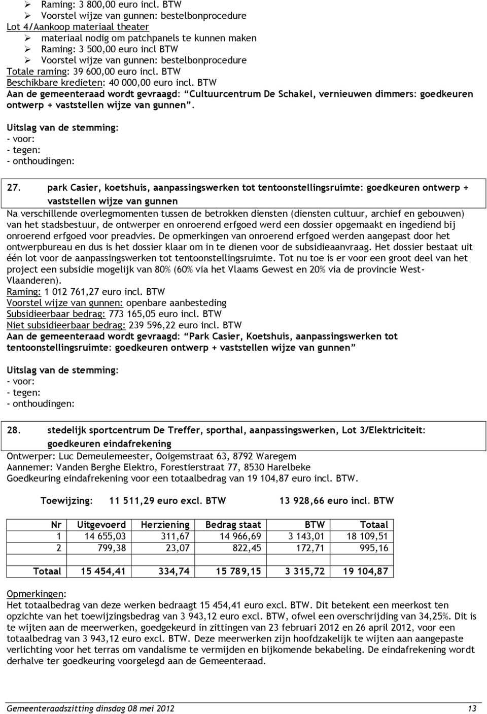 bestelbonprocedure Totale raming: 39 600,00 euro incl. BTW Beschikbare kredieten: 40 000,00 euro incl.