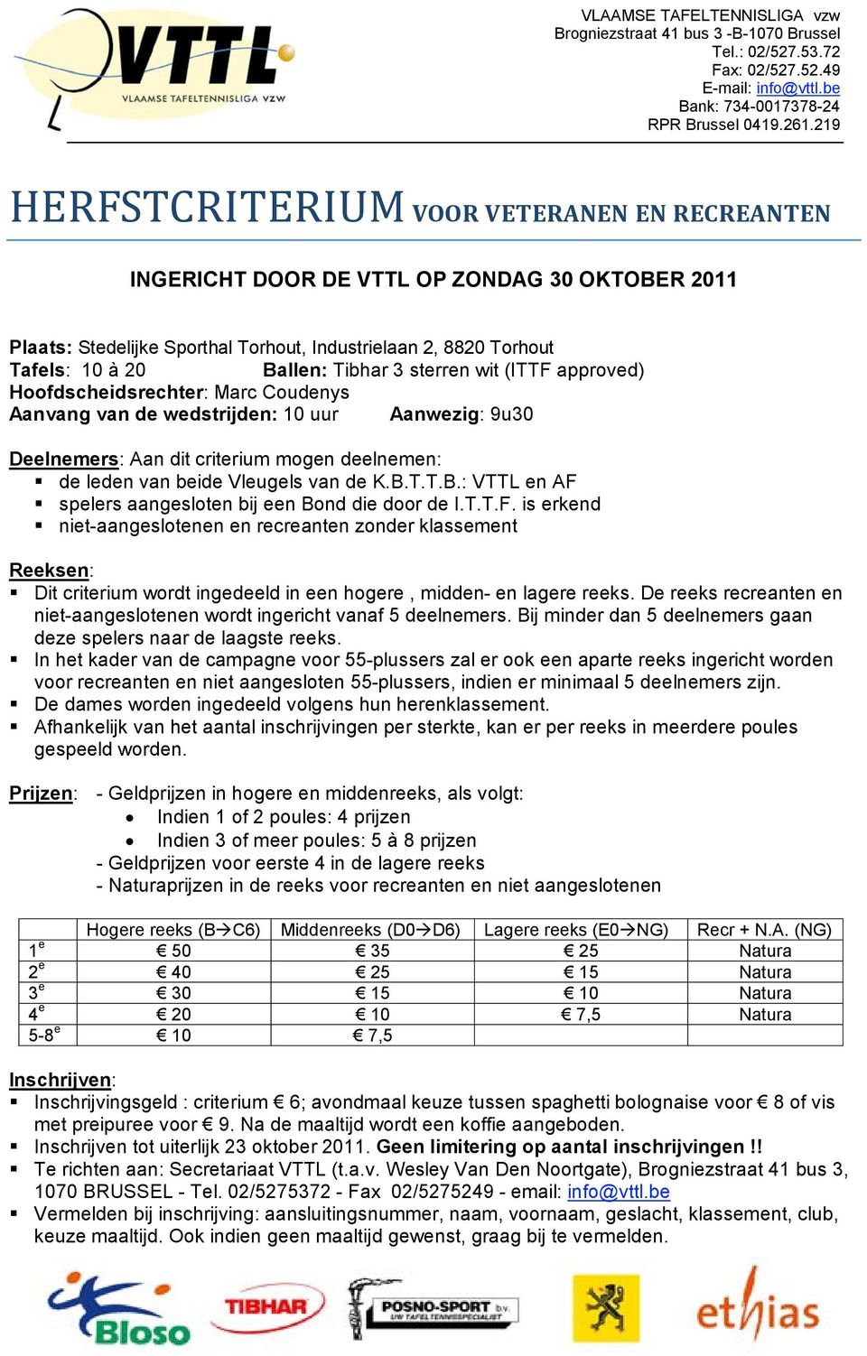 oofdscheidsrechter: Marc Coudenys anvang van de wedstrijden: uur anwezig: u eelnemers: an dit criterium mogen deelnemen:! de leden van beide Vleugels van de K..T.T..: VTTL en F!