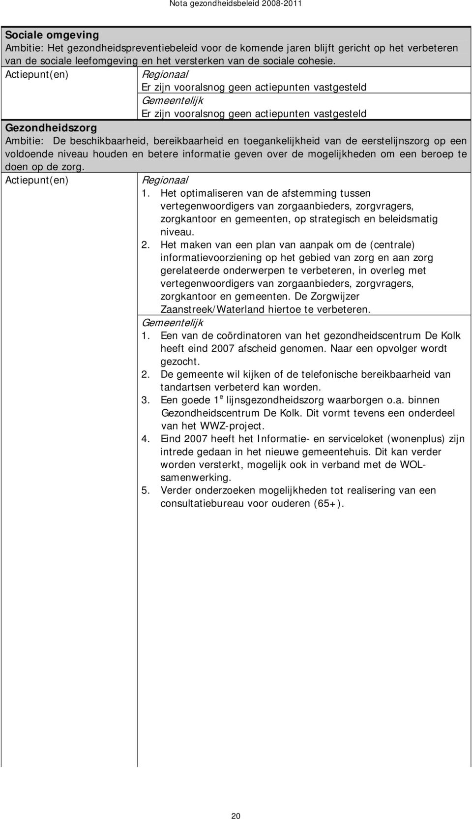 toegankelijkheid van de eerstelijnszorg op een voldoende niveau houden en betere informatie geven over de mogelijkheden om een beroep te doen op de zorg. Actiepunt(en) Regionaal 1.