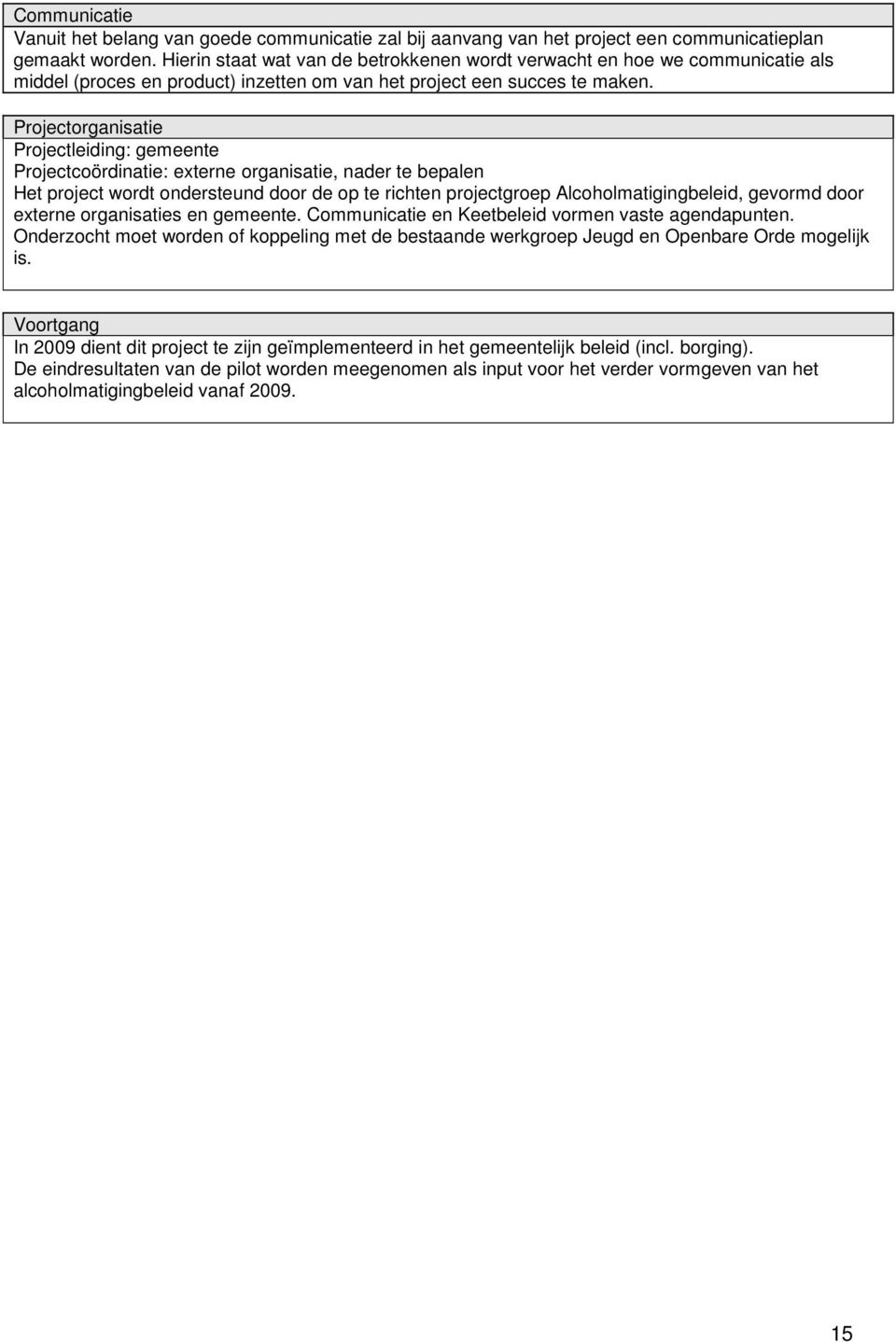 Projectorganisatie Projectleiding: gemeente Projectcoördinatie: externe organisatie, nader te bepalen Het project wordt ondersteund door de op te richten projectgroep Alcoholmatigingbeleid, gevormd