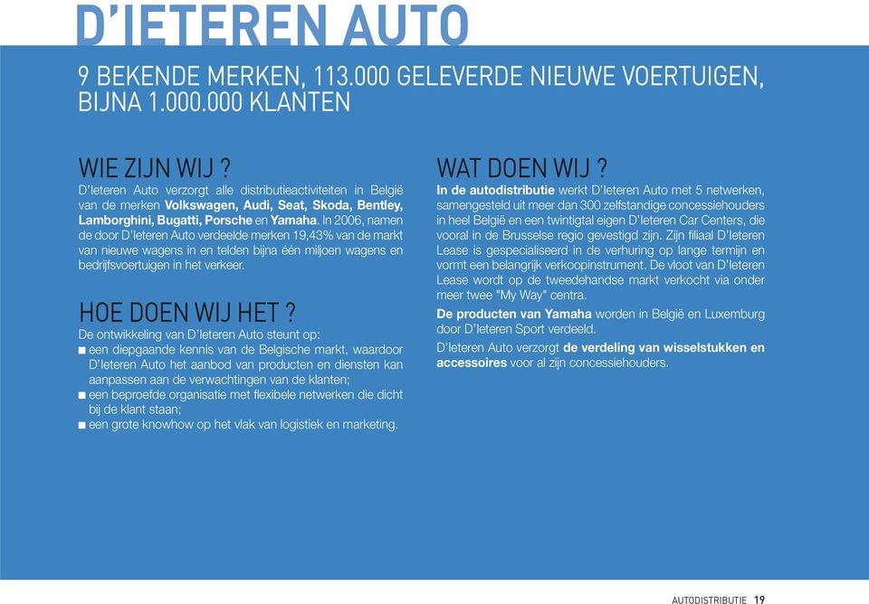 In 2006, namen de door D Ieteren Auto verdeelde merken 19,43% van de markt van nieuwe wagens in en telden bijna één miljoen wagens en bedrijfsvoertuigen in het verkeer. HOE DOEN WIJ HET?