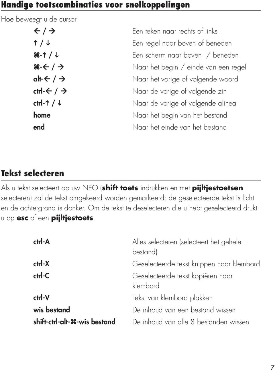 bestand Tekst selecteren Als u tekst selecteert op uw NEO (shift toets indrukken en met pijltjestoetsen selecteren) zal de tekst omgekeerd worden gemarkeerd: de geselecteerde tekst is licht en de