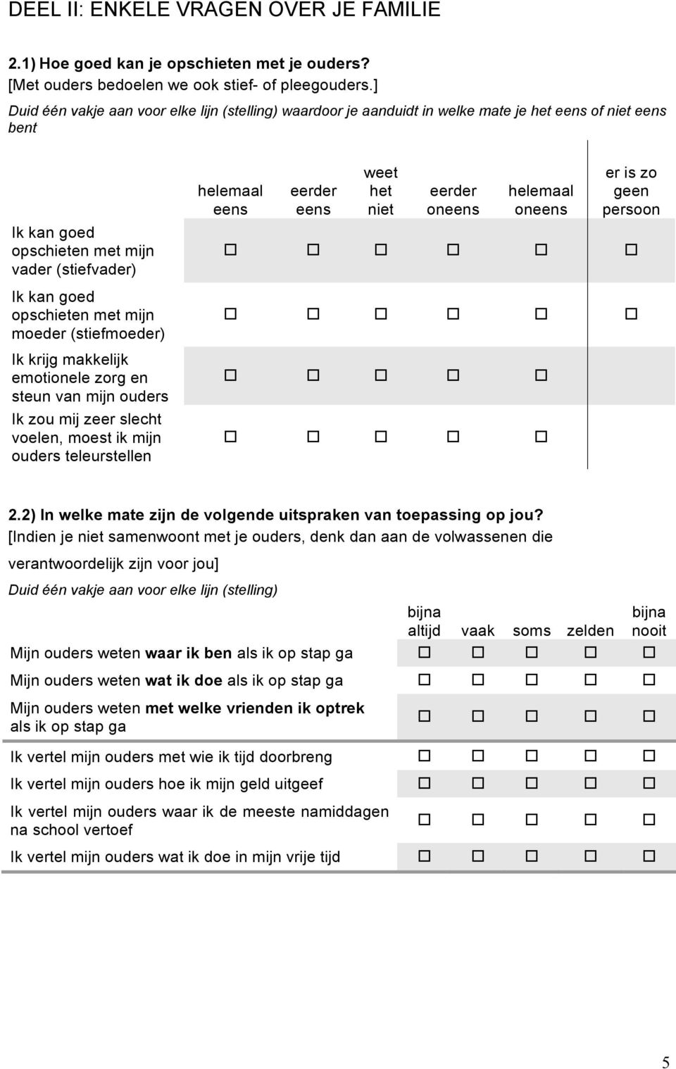 moeder (stiefmoeder) Ik krijg makkelijk emotionele zorg en steun van mijn ouders Ik zou mij zeer slecht voelen, moest ik mijn ouders teleurstellen helemaal eens eens weet het niet oneens helemaal