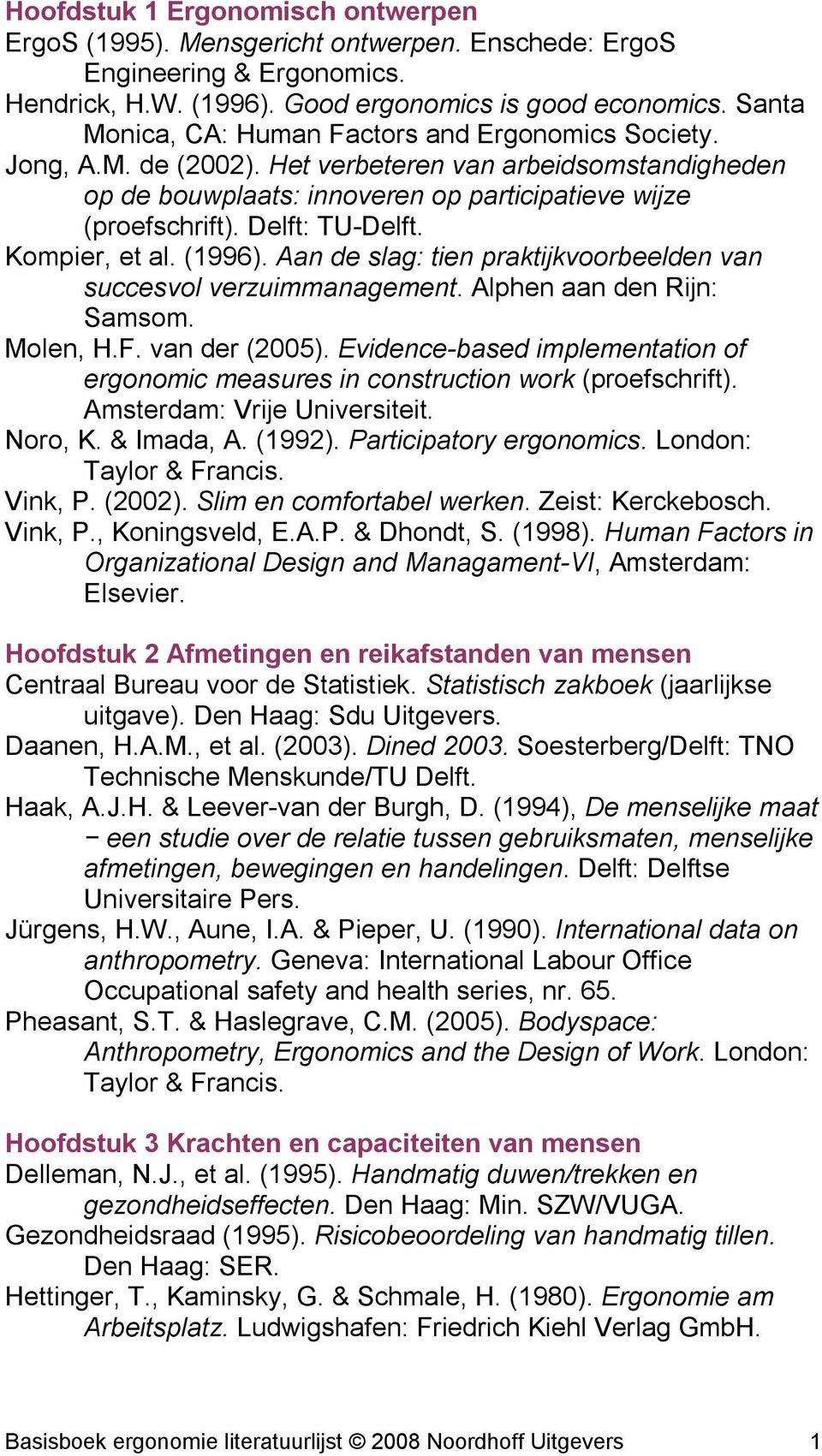 Delft: TU-Delft. Kompier, et al. (1996). Aan de slag: tien praktijkvoorbeelden van succesvol verzuimmanagement. Alphen aan den Rijn: Samsom. Molen, H.F. van der (2005).
