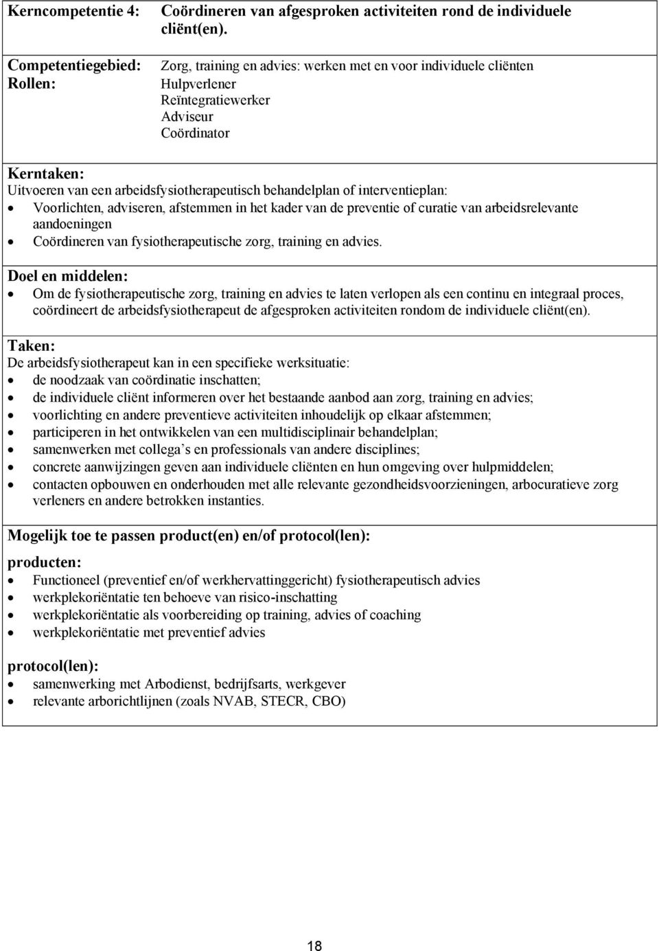 interventieplan: Voorlichten, adviseren, afstemmen in het kader van de preventie of curatie van arbeidsrelevante aandoeningen Coördineren van fysiotherapeutische zorg, training en advies.