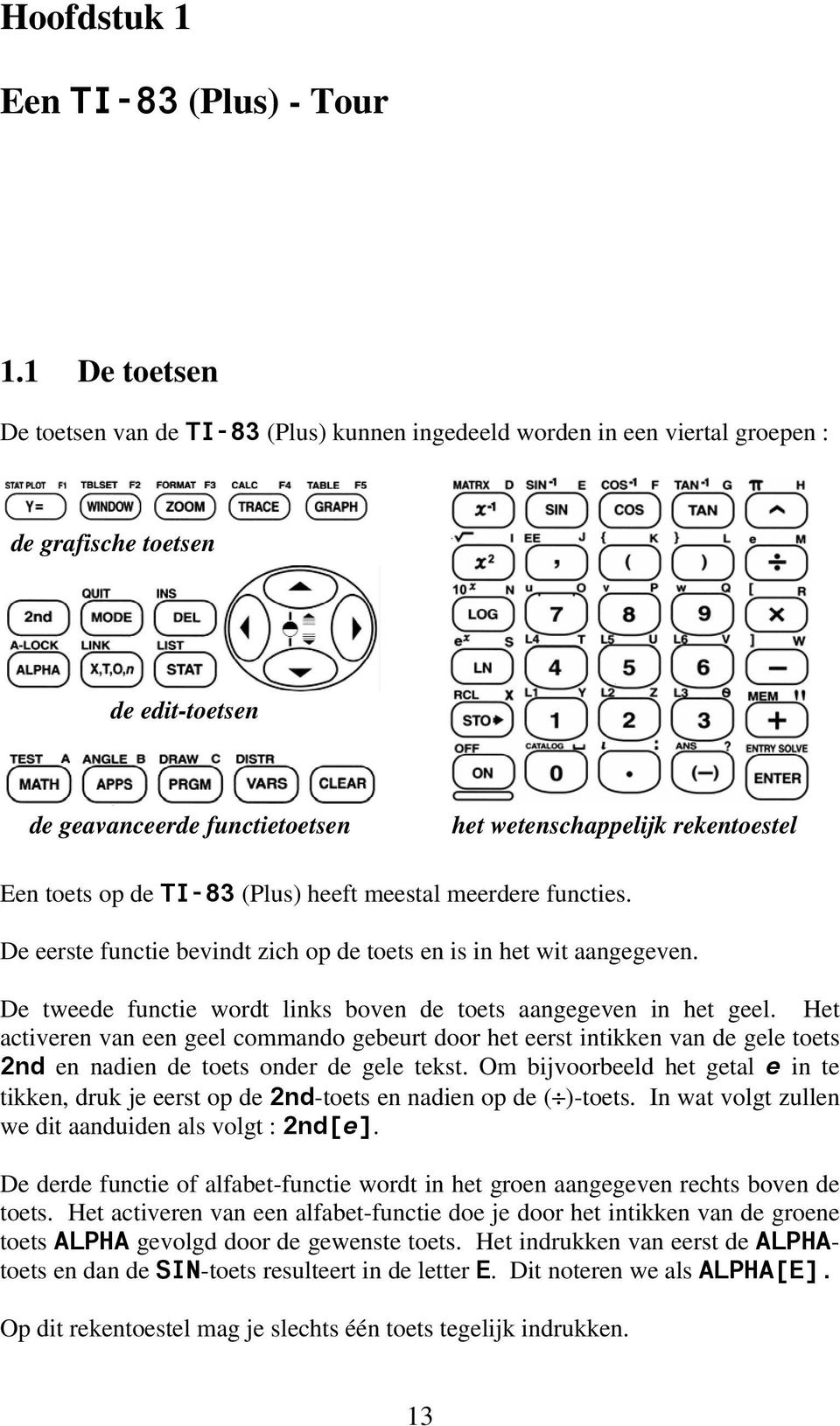 toets op de TI-83 (Plus) heeft meestal meerdere functies. De eerste functie bevindt zich op de toets en is in het wit aangegeven. De tweede functie wordt links boven de toets aangegeven in het geel.