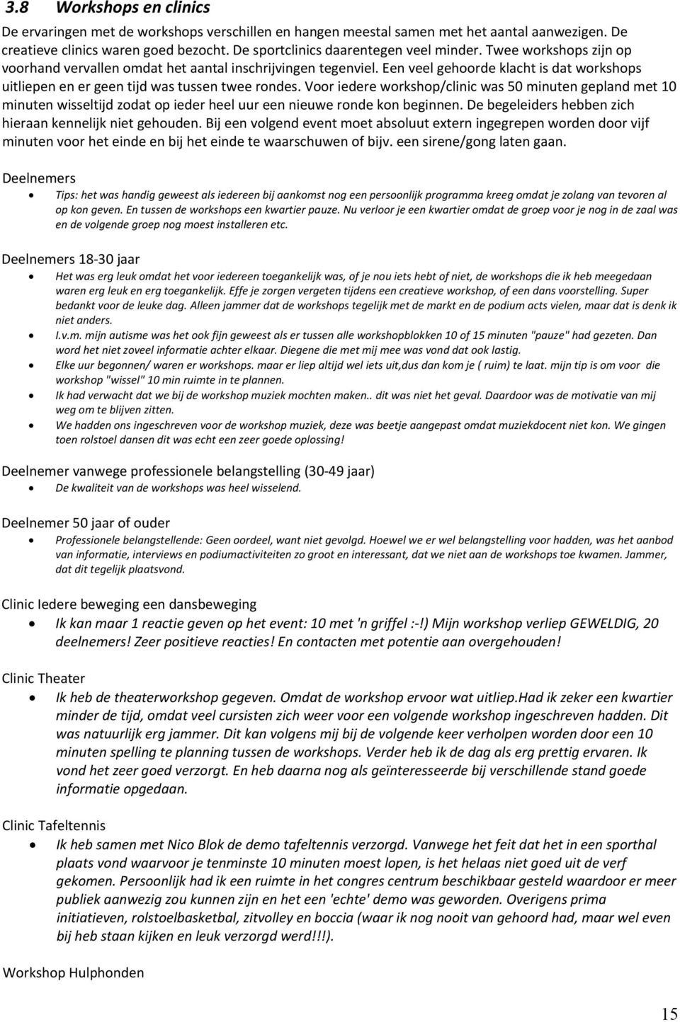 Voor iedere workshop/clinic was 50 minuten gepland met 0 minuten wisseltijd zodat op ieder heel uur een nieuwe ronde kon beginnen. De begeleiders hebben zich hieraan kennelijk niet gehouden.