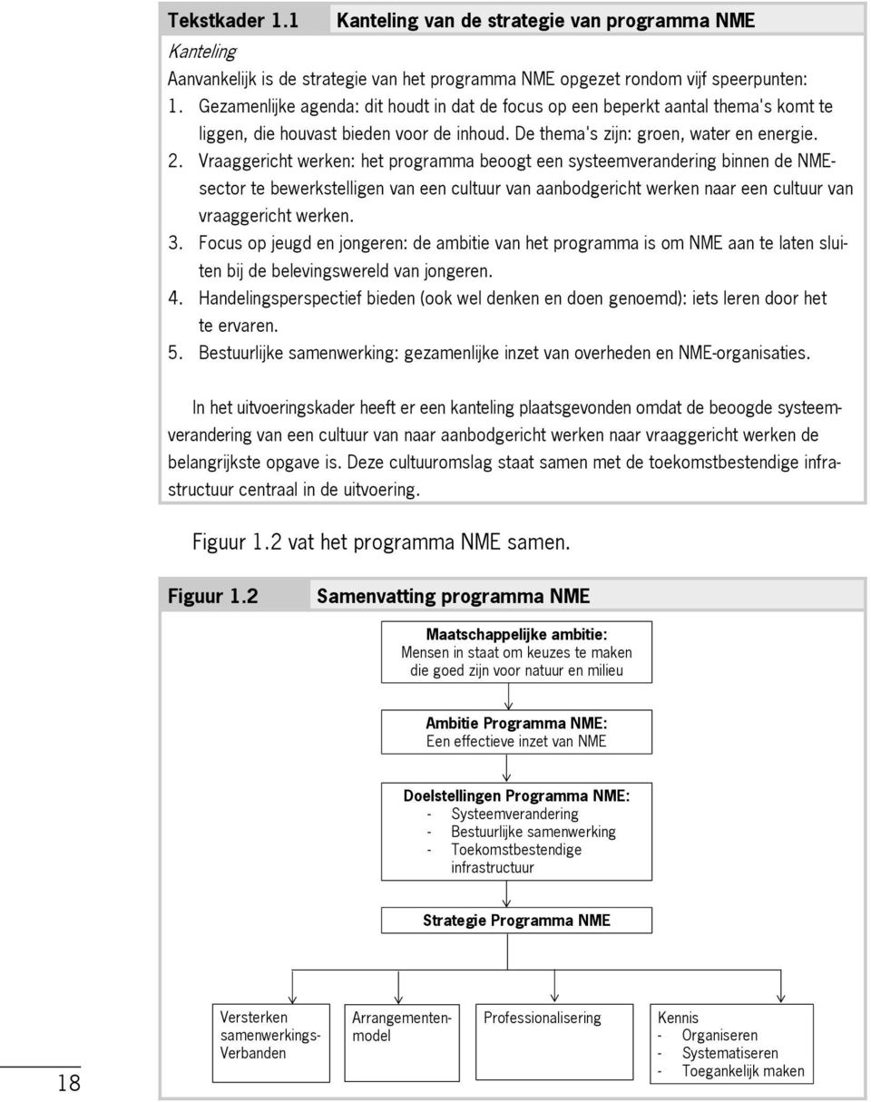 Vraaggericht werken: het programma beoogt een systeemverandering binnen de NMEsector te bewerkstelligen van een cultuur van aanbodgericht werken naar een cultuur van vraaggericht werken. 3.