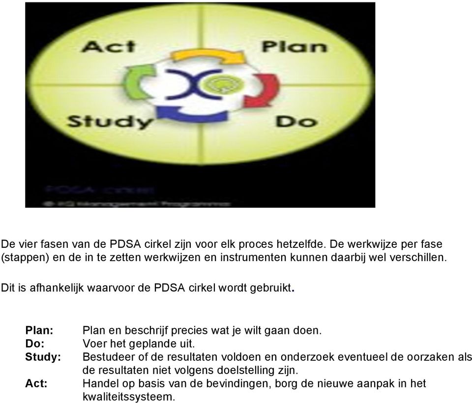 Dit is afhankelijk waarvoor de PDSA cirkel wordt gebruikt. Plan: Do: Study: Act: Plan en beschrijf precies wat je wilt gaan doen.