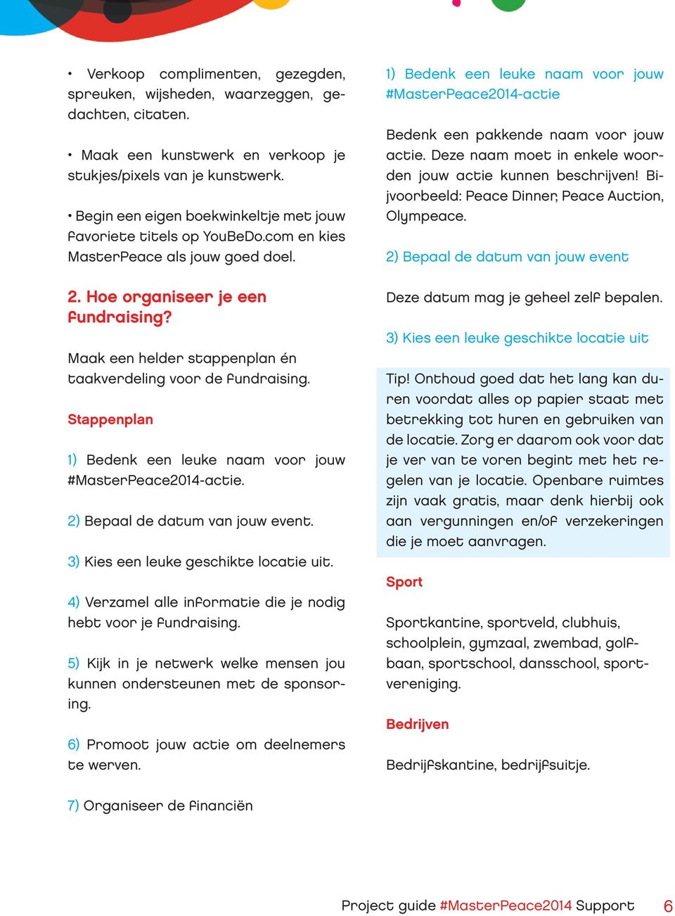 Maak een helder stappenplan én taakverdeling voor de fundraising. Stappenplan 1) Bedenk een leuke naam voor jouw #MasterPeace2014-actie. 2) Bepaal de datum van jouw event.