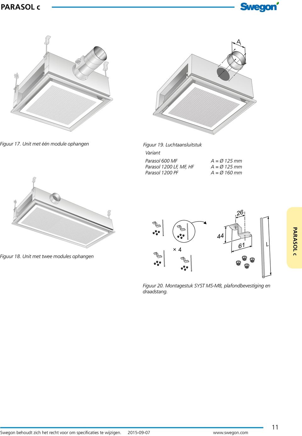 Parasol 1200 PF A = Ø 125 mm A = Ø 125 mm A = Ø 160 mm Figuur 18.