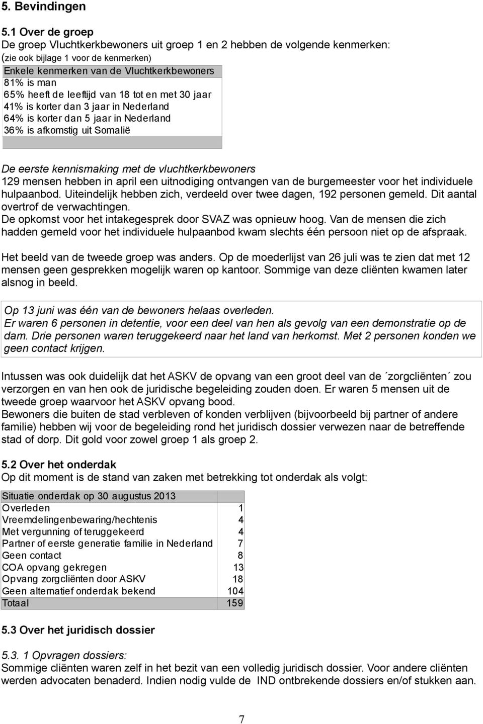 leeftijd van 18 tot en met 30 jaar 41% is korter dan 3 jaar in Nederland 64% is korter dan 5 jaar in Nederland 36% is afkomstig uit Somalië De eerste kennismaking met de vluchtkerkbewoners 129 mensen