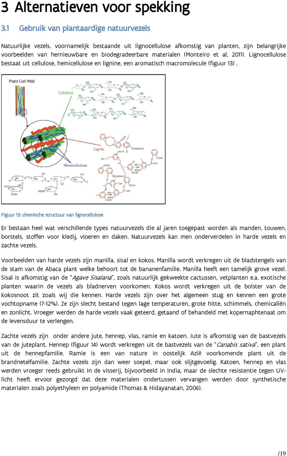 materialen (Monteiro et al, 2011). Lignocellulose bestaat uit cellulose, hemicellulose en lignine, een aromatisch macromolecule (figuur 13).