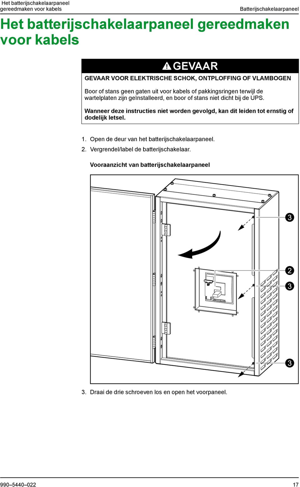 zijn geïnstalleerd, en boor of stans niet dicht bij de UPS. 1. Open de deur van het batterijschakelaarpaneel. 2.