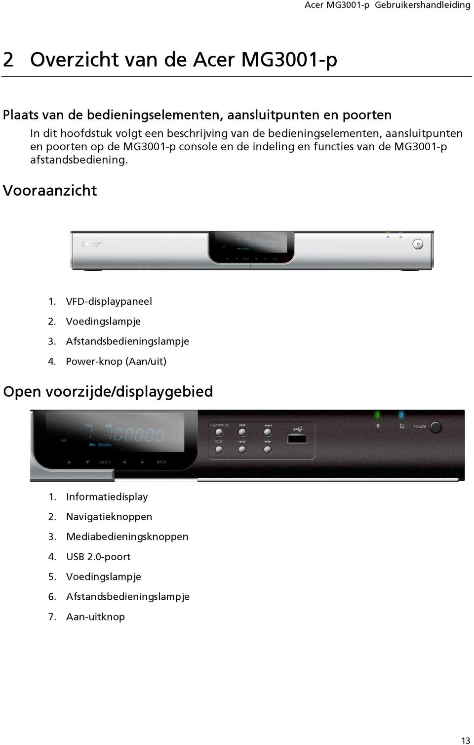 Vooraanzicht 1. VFD-displaypaneel 2. Voedingslampje 3. Afstandsbedieningslampje 4. Power-knop (Aan/uit) Open voorzijde/displaygebied 1.