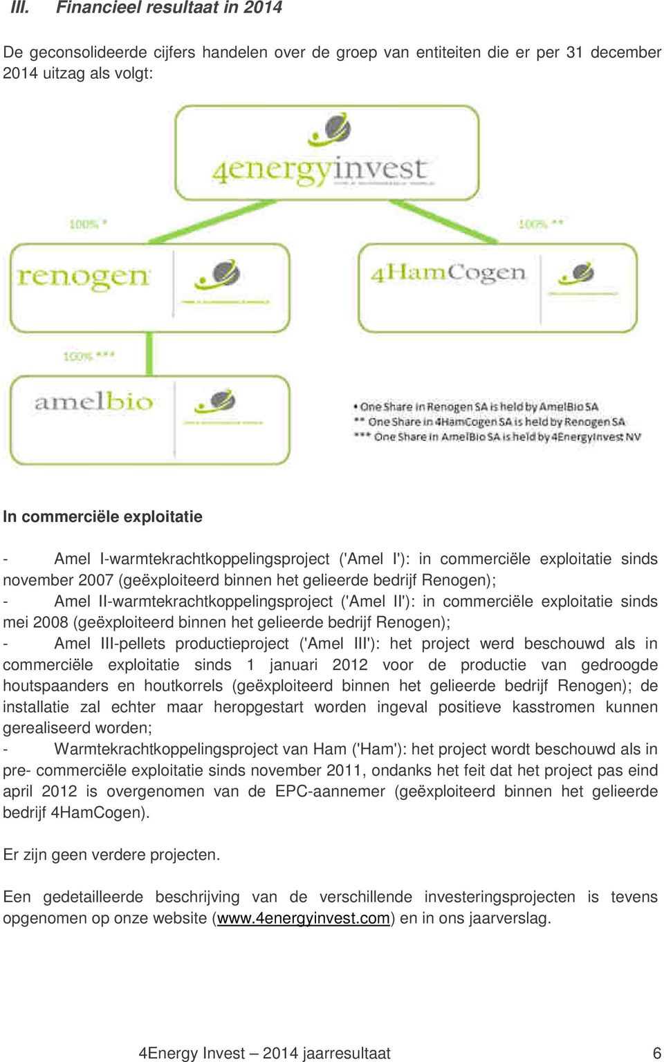 in commerciële exploitatie sinds mei 2008 (geëxploiteerd binnen het gelieerde bedrijf Renogen); - Amel III-pellets productieproject ('Amel III'): het project werd beschouwd als in commerciële