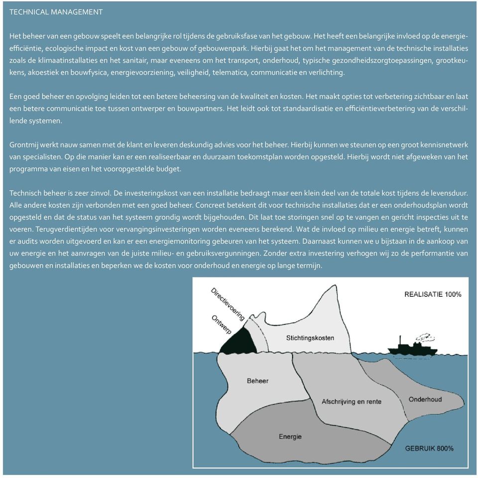 Hierbij gaat het om het management van de technische installaties zoals de klimaatinstallaties en het sanitair, maar eveneens om het transport, onderhoud, typische gezondheidszorgtoepassingen,