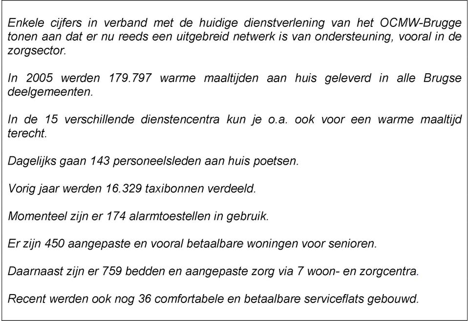 Dagelijks gaan 143 personeelsleden aan huis poetsen. Vorig jaar werden 16.329 taxibonnen verdeeld. Momenteel zijn er 174 alarmtoestellen in gebruik.