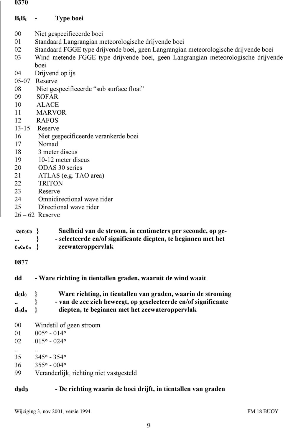 13-15 Reserve 16 Niet gespecificeerde verankerde boei 17 Nomad 18 3 meter discus 19 10-12 meter discus 20 ODAS 30 series 21 ATLAS (e.g. TAO area) 22 TRITON 23 Reserve 24 Omnidirectional wave rider 25 Directional wave rider 26 62 Reserve c0c0c0 } Snelheid van de stroom, in centimeters per seconde, op ge-.