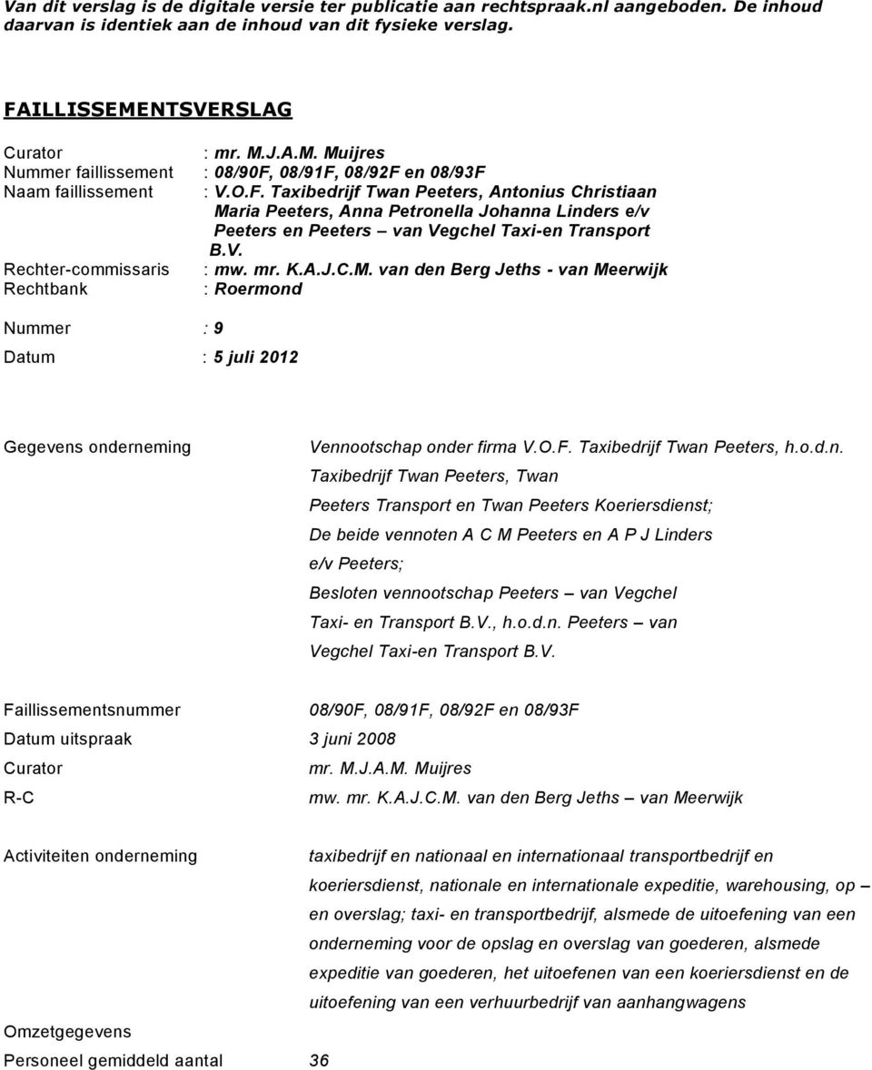 08/91F, 08/92F en 08/93F Naam faillissement : V.O.F. Taxibedrijf Twan Peeters, Antonius Christiaan Maria Peeters, Anna Petronella Johanna Linders e/v Peeters en Peeters van Vegchel Taxi-en Transport B.