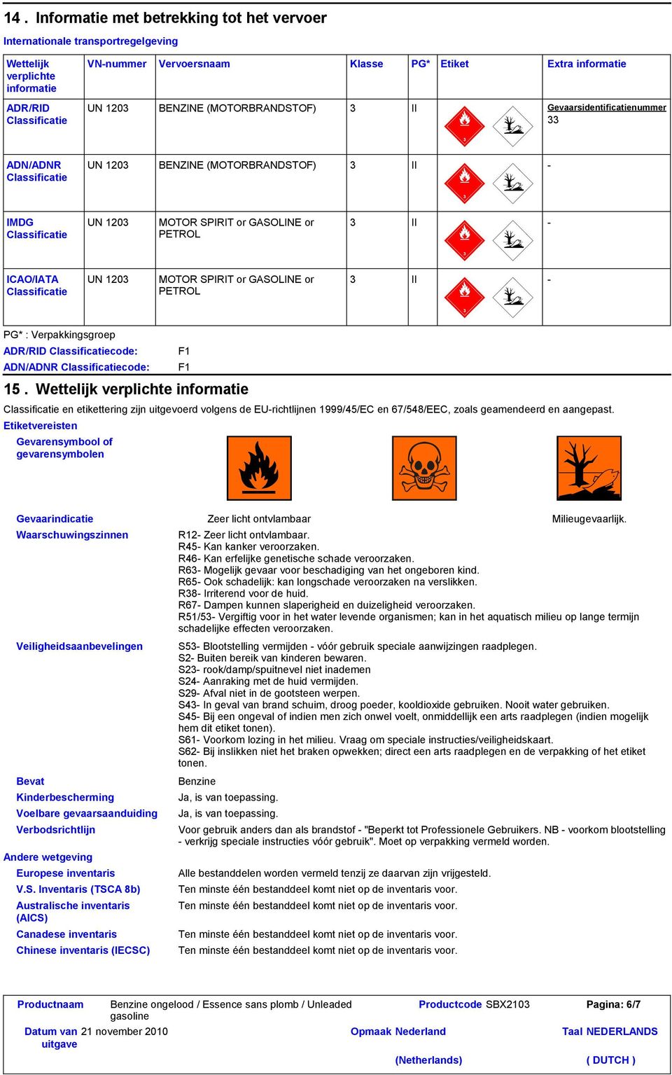 Verpakkingsgroep ADR/RID code: ADN/ADNR code: 15.