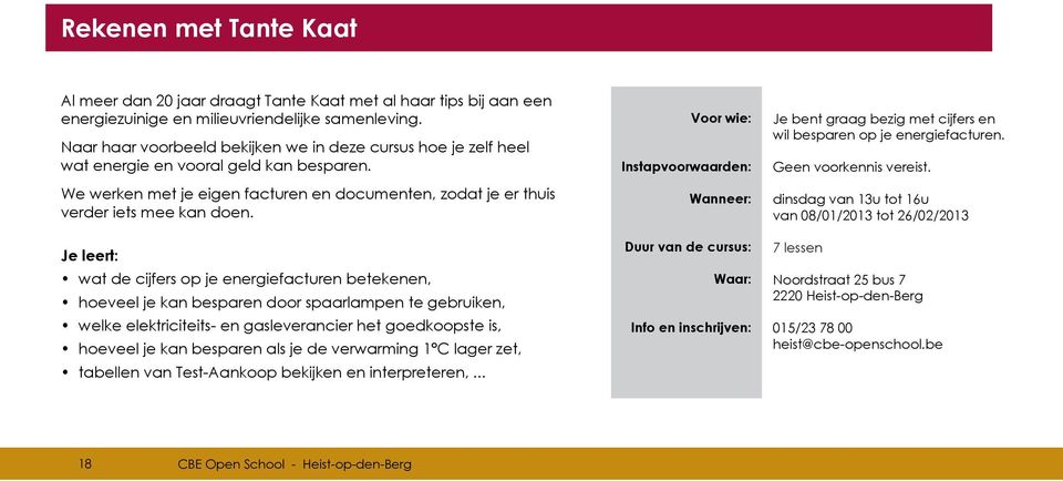 Je leert: wat de cijfers op je energiefacturen betekenen, hoeveel je kan besparen door spaarlampen te gebruiken, welke elektriciteits- en gasleverancier het goedkoopste is, hoeveel je kan besparen