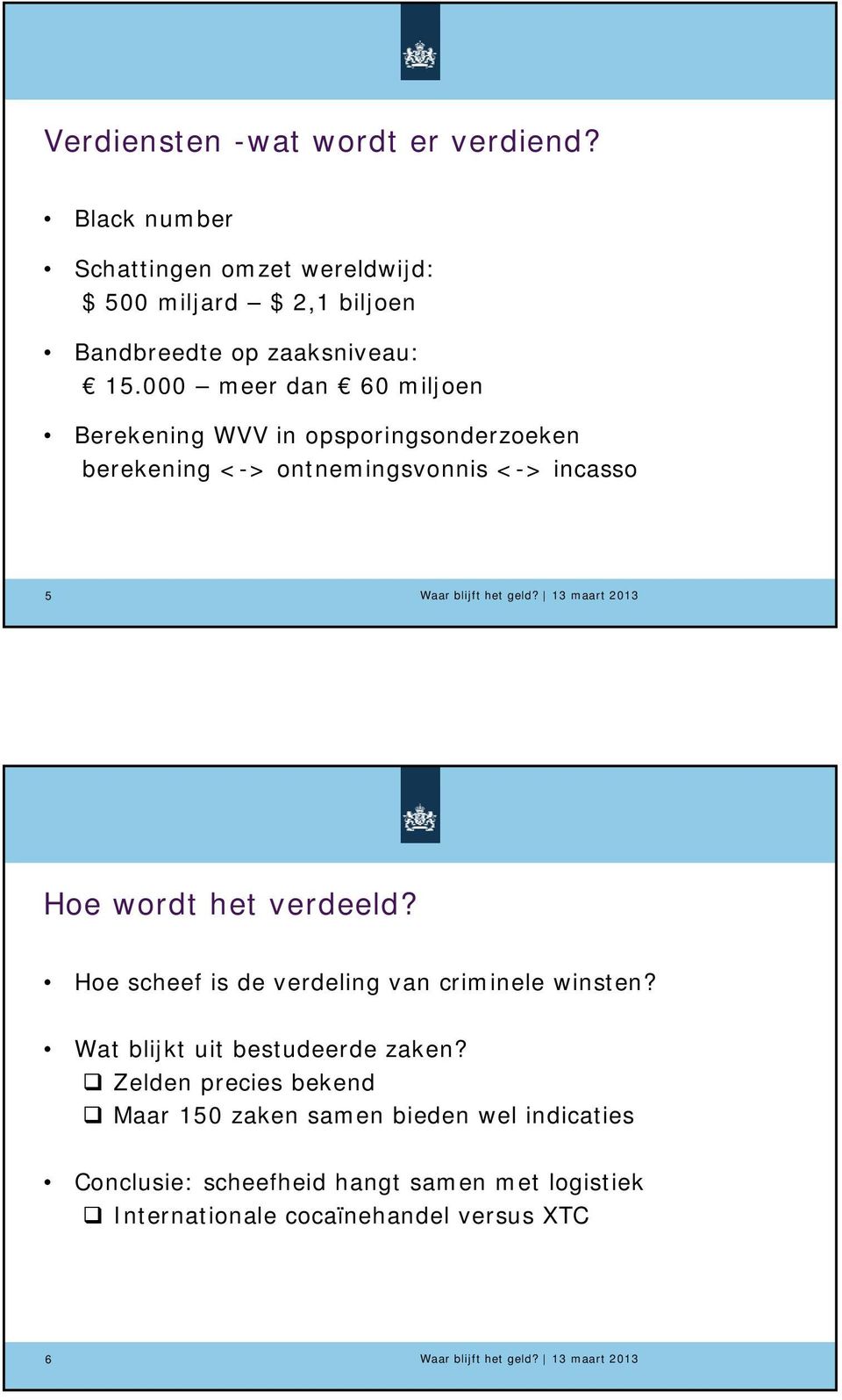 000 meer dan 60 miljoen Berekening WVV in opsporingsonderzoeken berekening <-> ontnemingsvonnis <-> incasso 5 Hoe wordt het